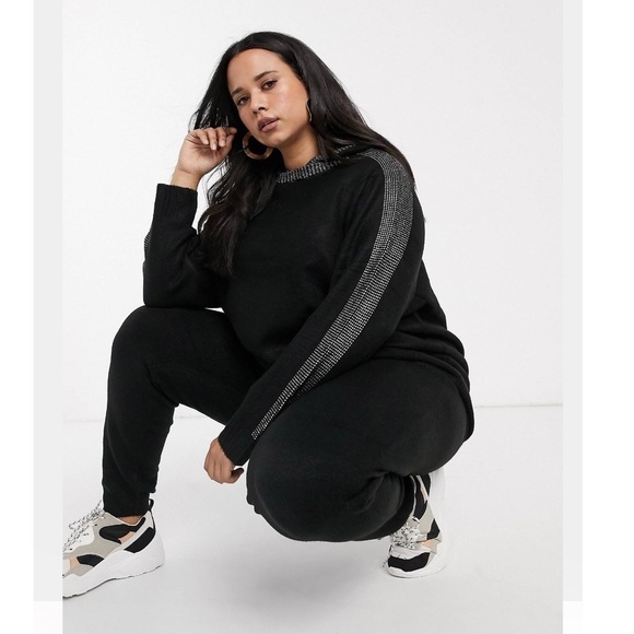Asos Curve River Island plus hoodie sweater rhinestone detail in black 14/16 - Picture 3 of 11